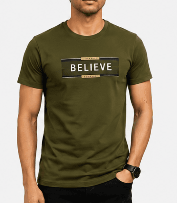 Olive Green "BELIEVE" Graphic T-Shirt