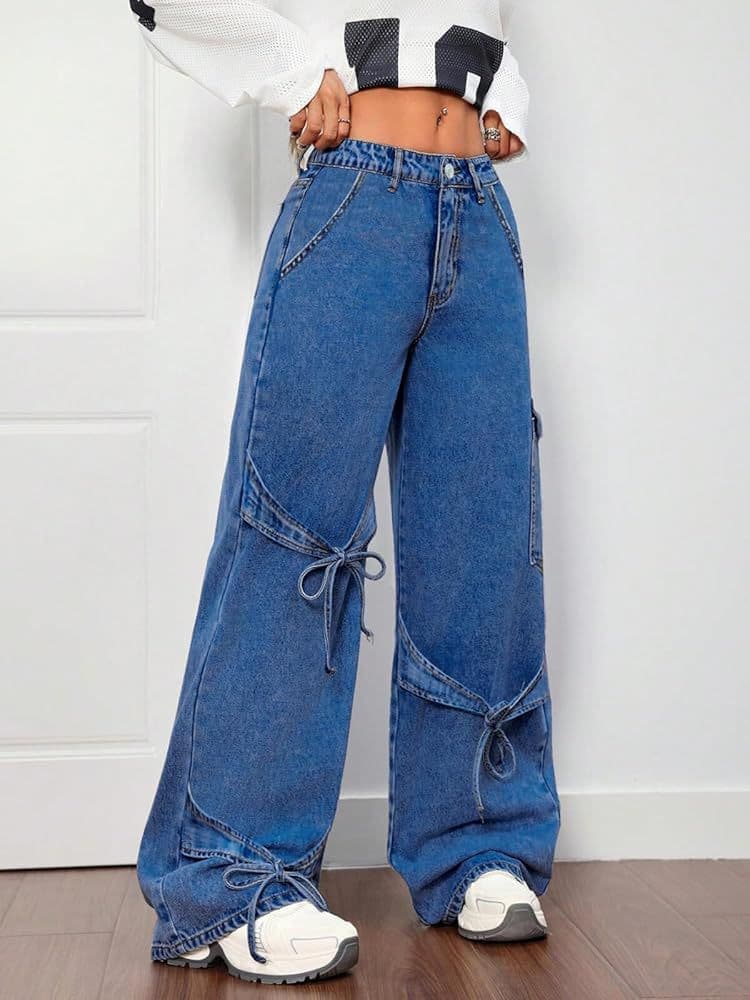 Ladies Baggy Tie-Detail Jeans