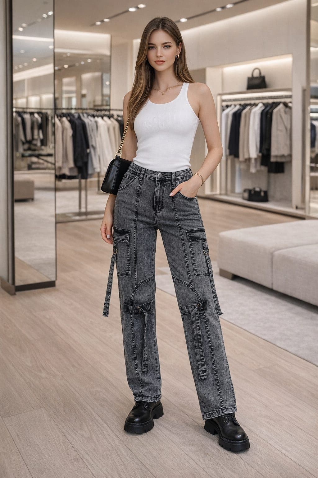 Ladies Acid Wash Strap Cargo
